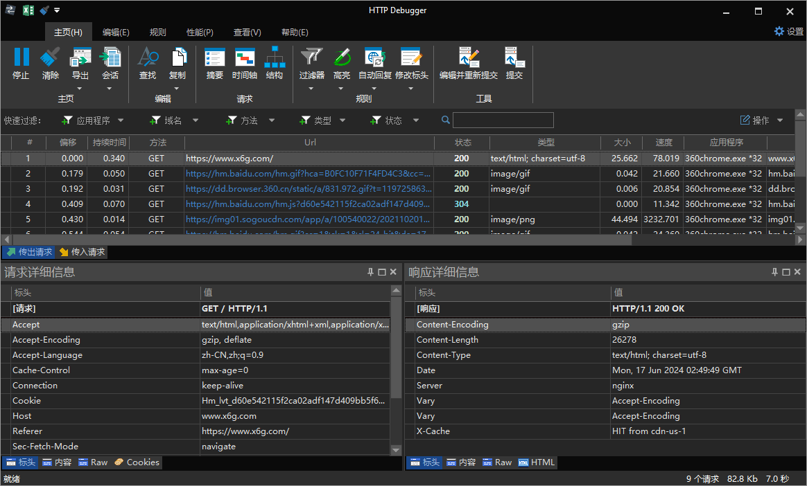 HTTP Debugger 汉化版主界面，展示捕获到的 HTTP 请求列表与请求响应详情